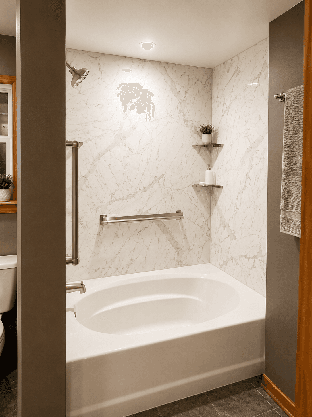 Modern bathroom shower-tub combo with marble tile surround, chrome fixtures, recessed shelving with potted plant, and towel rack