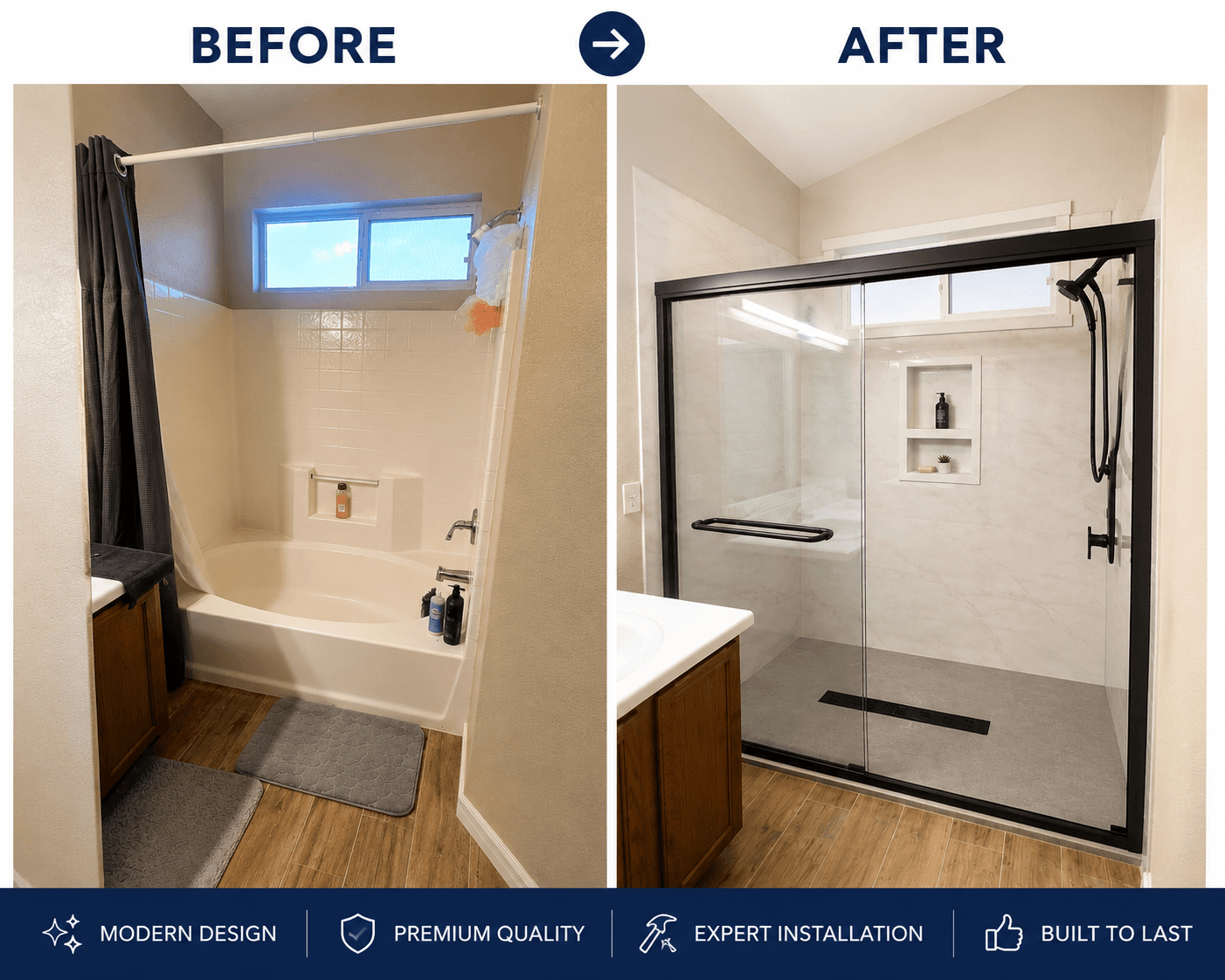 Bathroom renovation comparison showing outdated fiberglass shower-tub combo transformed into modern walk-in shower with black frame glass enclosure and built-in shelving