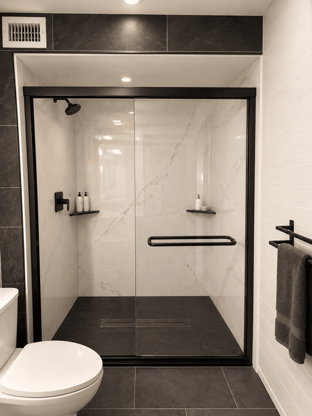 Modern bathroom with walk-in shower featuring black frame glass doors, marble tile walls, black rainfall showerhead, and matching black fixtures and towel bar