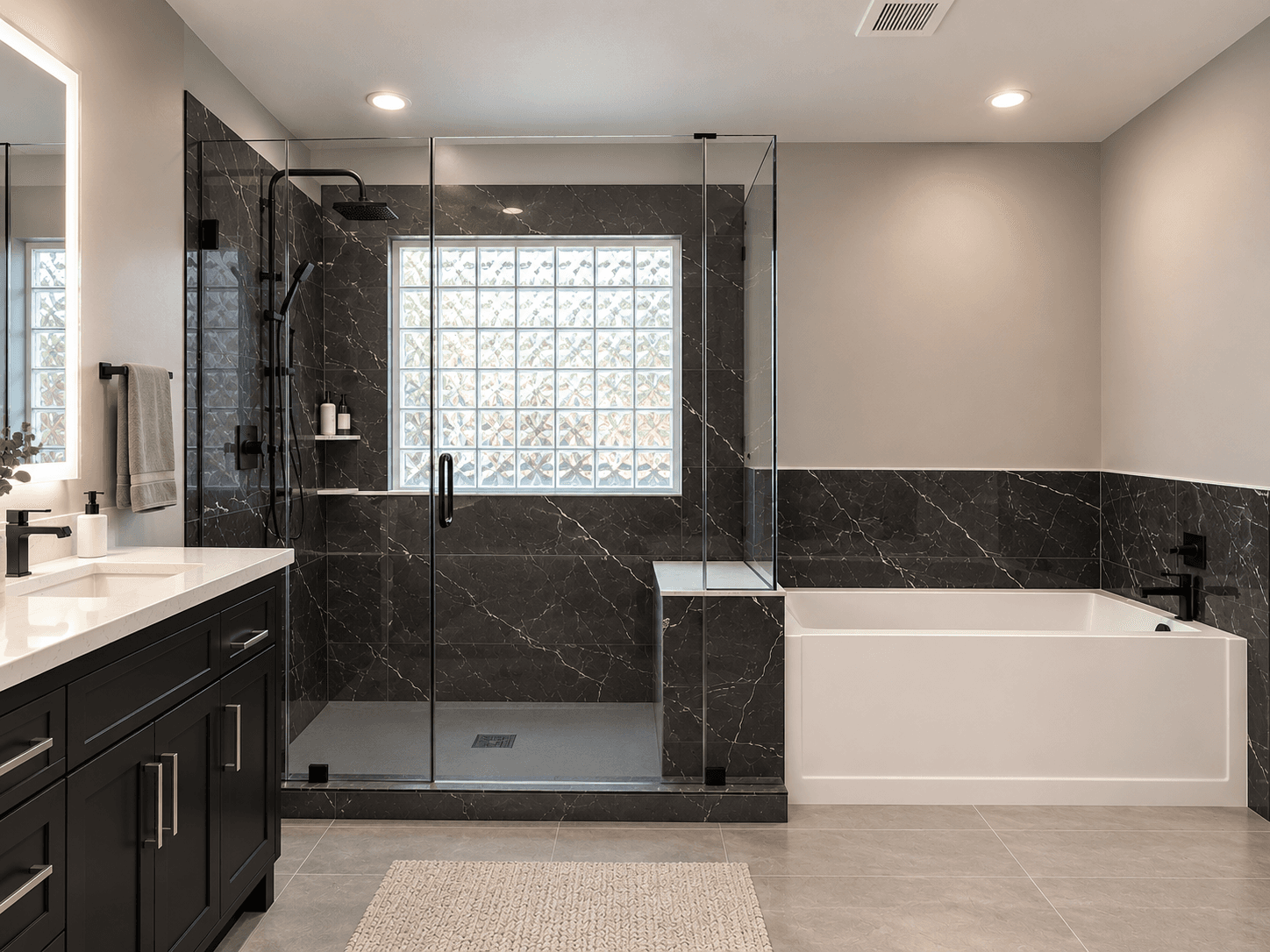 Modern bathroom with black marble shower enclosure, white soaking tub, dark vanity with white countertop, decorative glass block window, and recessed lighting