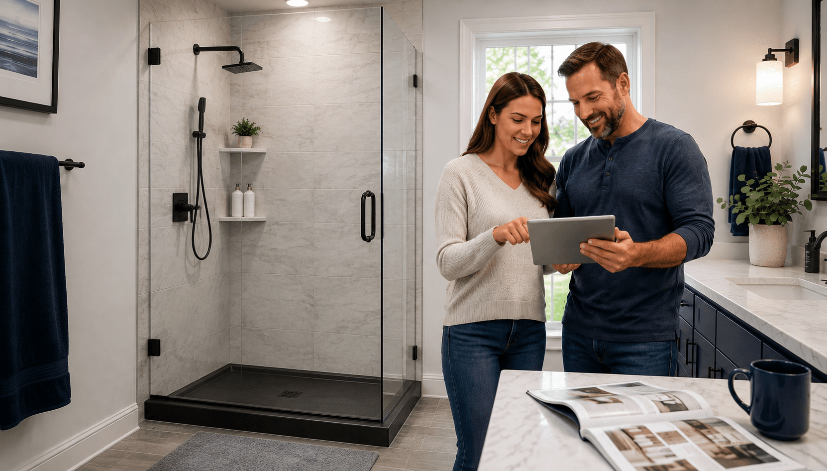 Couple reviewing bathroom renovation plans on tablet in modern bathroom with walk-in shower, marble tiles, and black fixtures