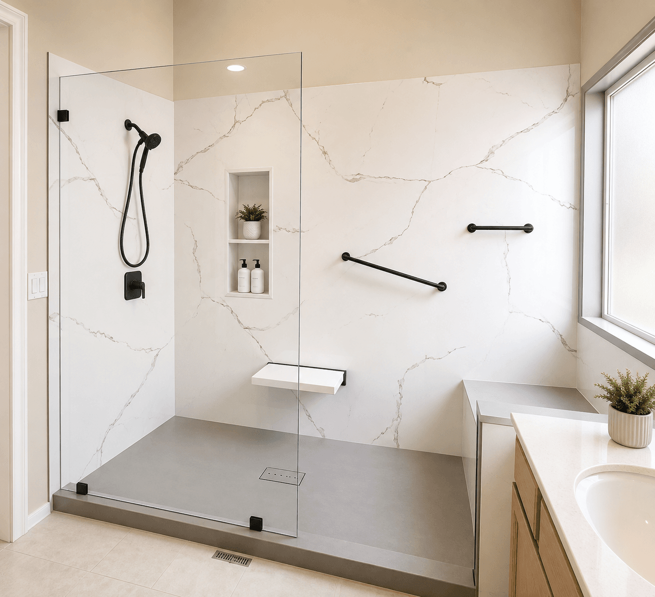 Modern bathroom with walk-in shower featuring marble-look walls, black fixtures, built-in shelving, and glass enclosure door