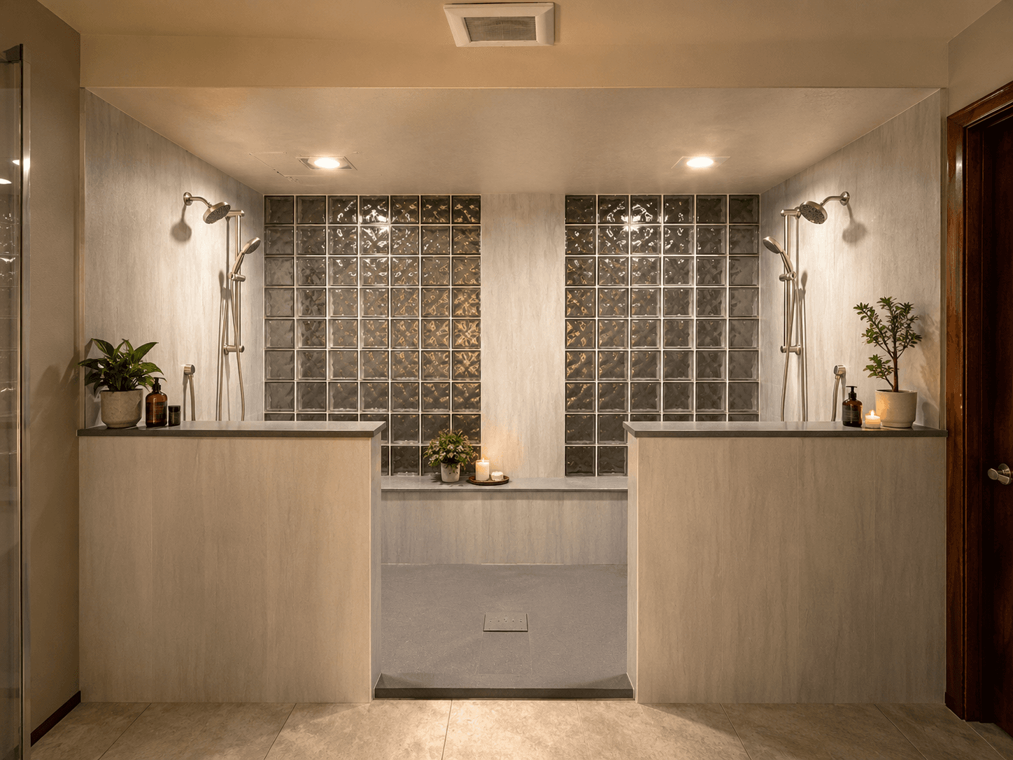 Spa-style bathroom with two walk-in showers featuring rainfall showerheads, glass block windows, neutral tile walls, potted plants, and candles on shelving