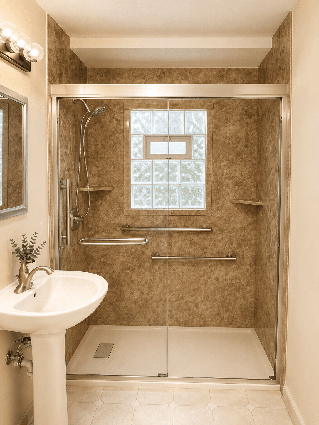 Bathroom with walk-in shower enclosed by glass doors, brown tile walls with window, pedestal sink, and vanity mirror with lighting