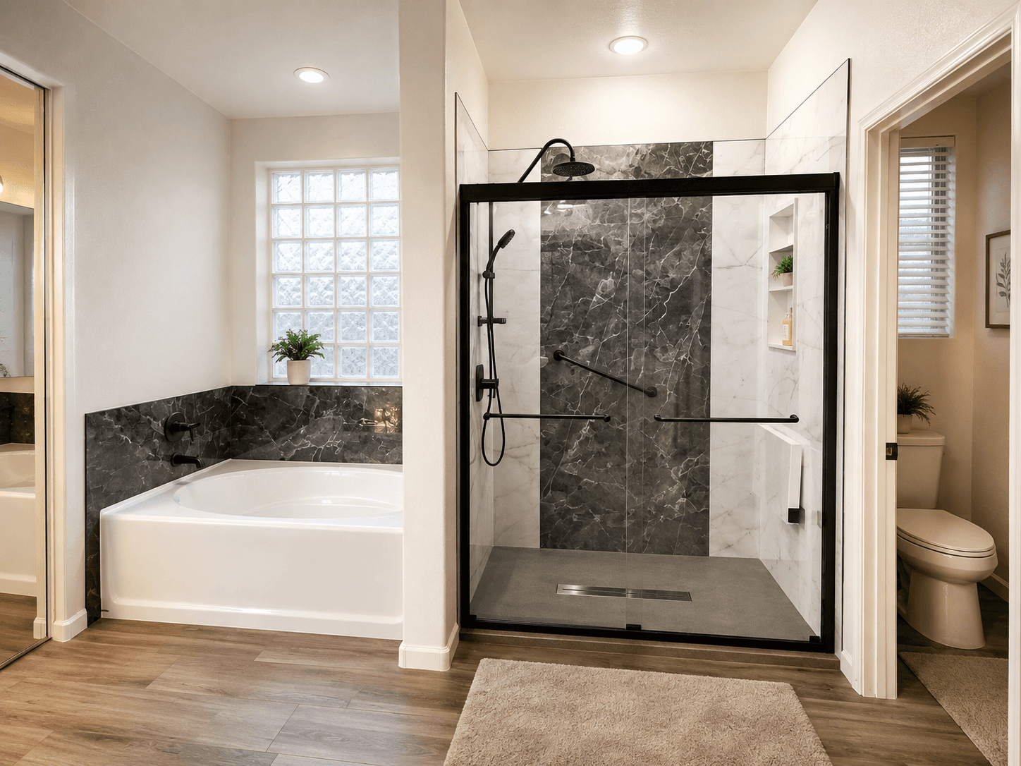 Modern luxury bathroom with freestanding white soaking tub on left, walk-in shower with black frame and dark marble tile on right, white subway tile walls, and rainfall showerhead
