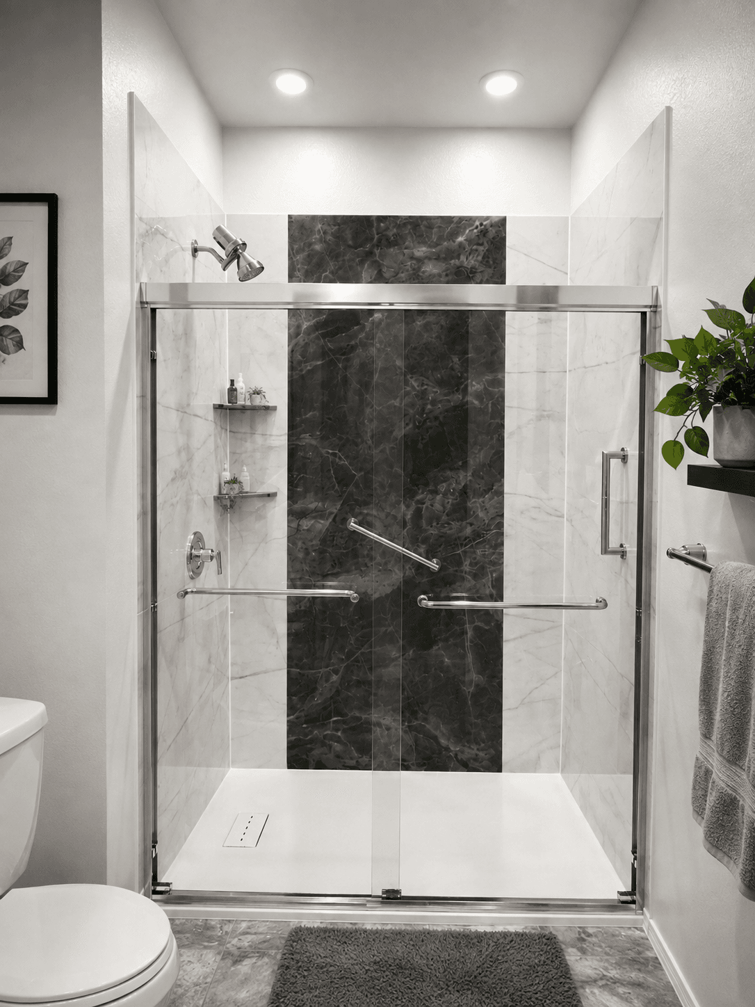 Modern bathroom with walk-in shower enclosure featuring black and white marble tile, glass doors with chrome hardware, dual showerheads, and built-in shelving with potted plants
