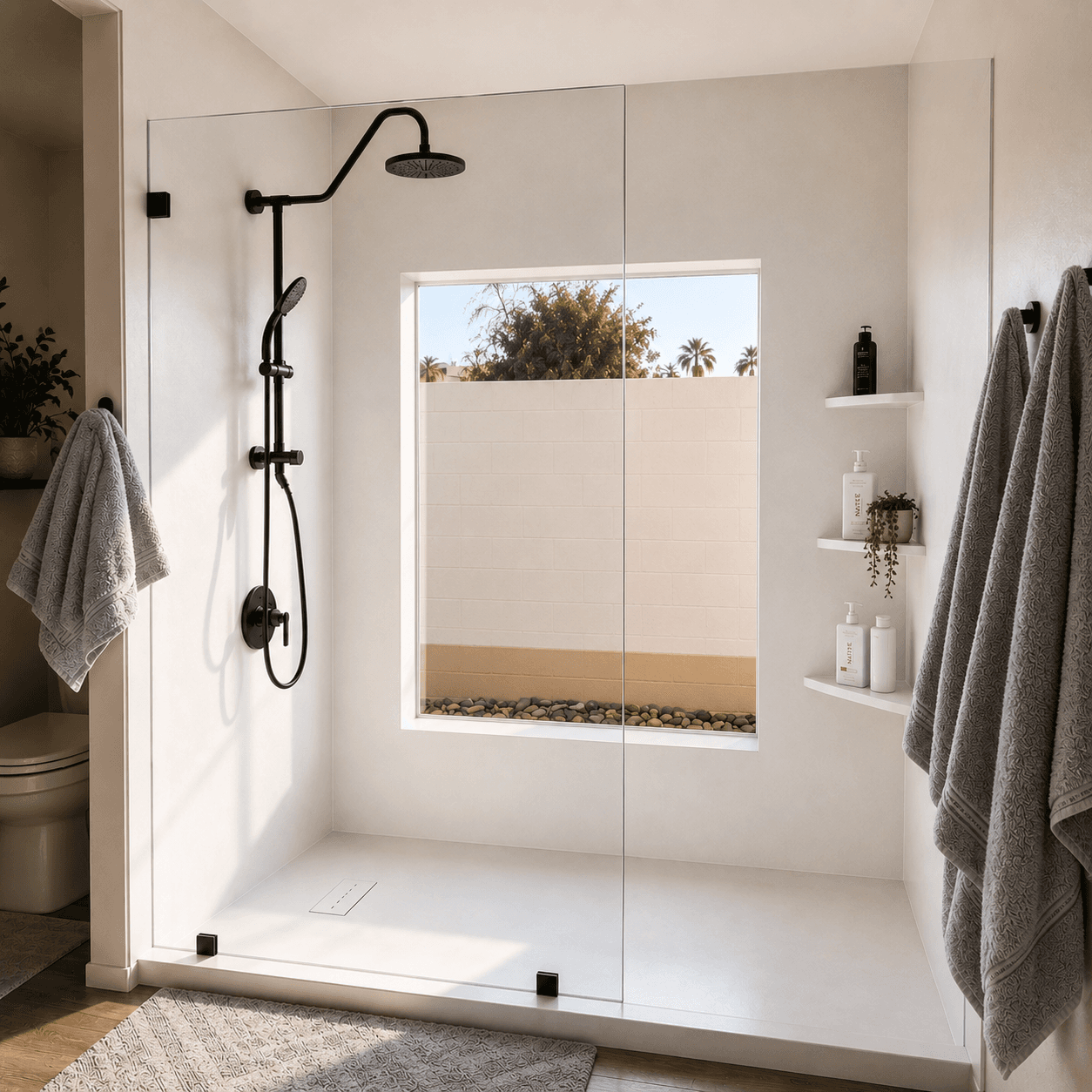 Modern bathroom with walk-in shower featuring black fixtures, glass enclosure, rainfall showerhead, and window overlooking palm trees and landscape