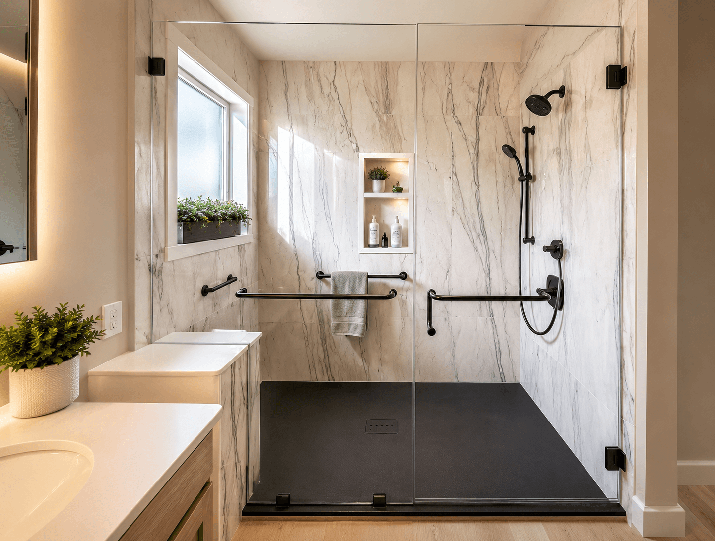 Modern bathroom with marble tile walls, walk-in shower with black fixtures and rainfall showerhead, built-in shelf with toiletries, towel bar, window with plant, and vanity with sink on left